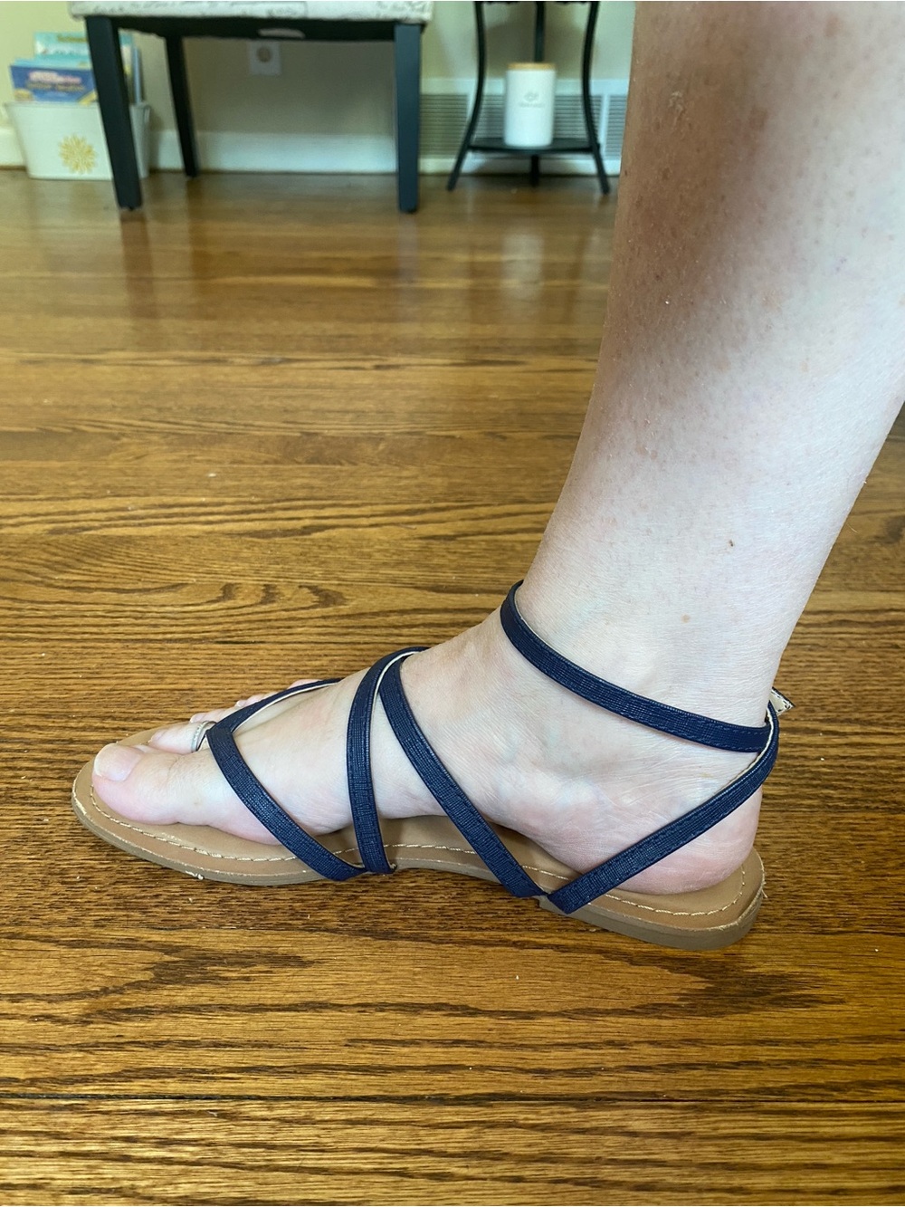 New York & Company Blue Strappy Ankle Wrap Sandals with Tan Footbed - Picture 2 of 6